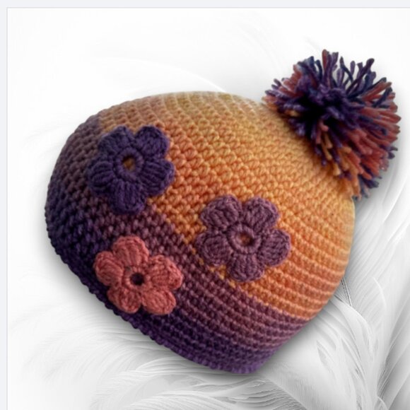 Handmade Other - Handmade Crochet Beanie with Pom Pom and Floral Appliques — Purple Orange Ombre